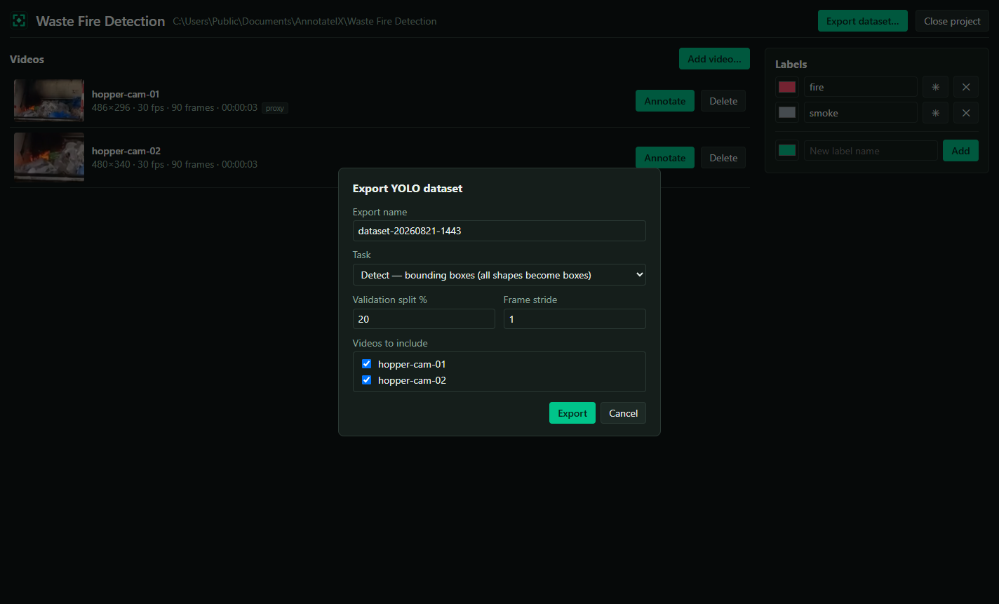 YOLO dataset export